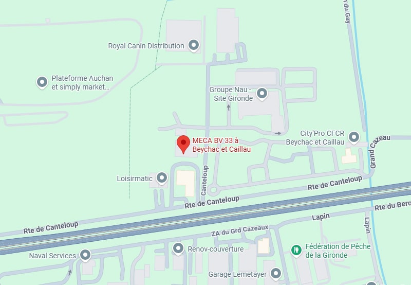 MECA BV 33 Beychac et Caillau : Plan et Localisation Carte montrant MECA BV 33 à Beychac et Caillau, entouré de Royal Canin et Groupe Nau sur la Route de Canteloup.