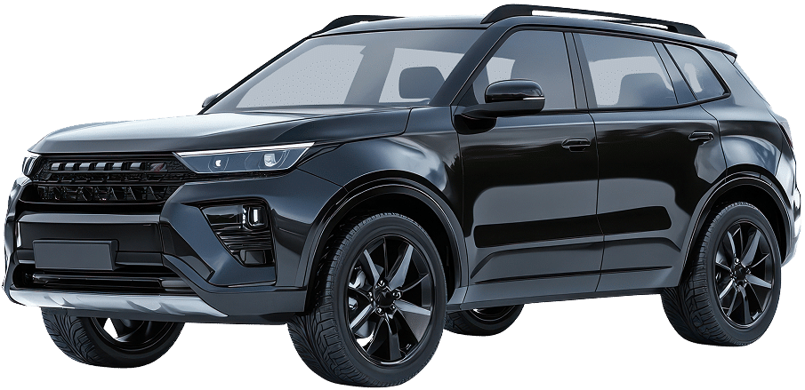 SUV Noir Moderne : Style Sportif et Design Élégant SUV noir moderne avec jantes en alliage noires et rails de toit sur fond blanc pour un look sportif et élégant.